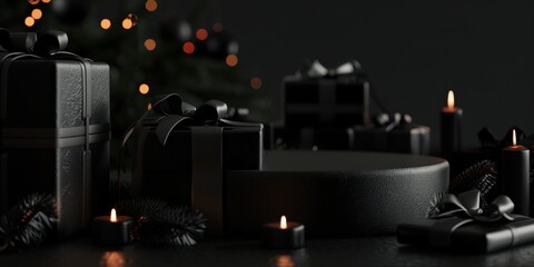 Christmas and New year background and black gift box. Black gift boxes with bows on a round black platform, dark background with soft lighting.