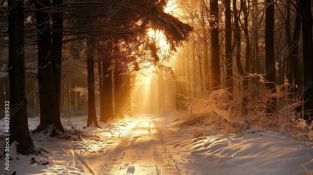 Poster sunlight filtering through trees on a solitary path in a snowy woodland