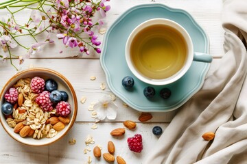 a healthy breakfast spread including oatmeal berries nuts and a cup of green tea on a light wooden table.