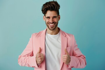 A man wearing a pink blazer and a white t-shirt stands against a blue backdrop, smiling and giving a thumbs up with both hands