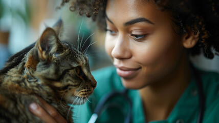 Young veterinarian with a cat, showing care and compassion.