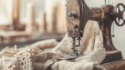 Close up of sewing machine with linen fabric and thread copy space for business hobby zero waste concept