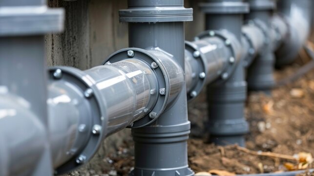 A close-up of gray plastic pipes connected with screws and running along a concrete wall