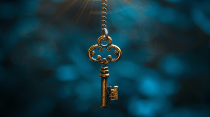 An antique gold key hanging on a chain with a blue background.
