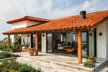 Naklejka premium Simple clay tiles create a minimalist roof, providing natural beauty and functionality in a clean, uncluttered design.