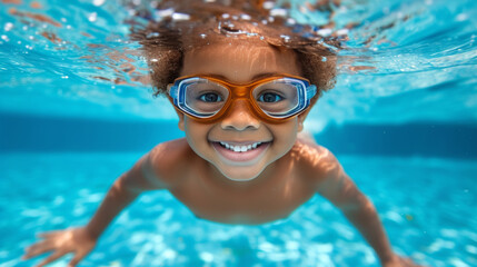 Fototapeta premium Happy dark-skinned child swims with goggles underwater in the pool