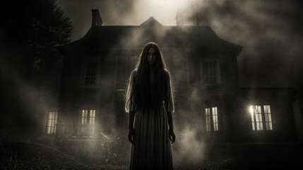  This image features a woman with long hair standing in front of a dark, possibly haunted house.