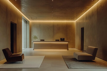 Modern office foyer interior in a minimalist style and with stone walls