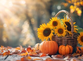 Basket with pumpkins and sunflowers on blurred nature background. Autumn harvest season. Organic farm produce concept. Agriculture and farming. Banner with copy space. Thanksgiving Day holiday