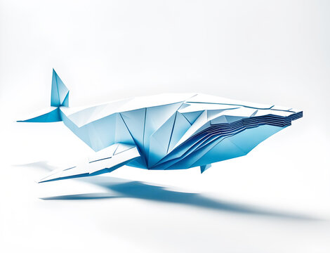 Blauwal Wal in geometrischen Formen, wie 3D Papier in wei&szlig; wie Origami Falttechnik Meeress&auml;uger Symbol Wappentier Logo Vorlage wildlebende Tiere bedroht aussterben riesig