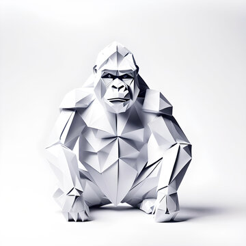 Gorilla in geometrischen Formen, wie 3D Papier in wei&szlig; wie Origami Falttechnik Primat Affe Silberr&uuml;cken Symbol Wappentier Logo Vorlage wildlebende Tiere Dschungel Akfrika