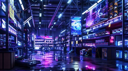 Futuristic High-Tech Warehouse with Neon Lights - Generative AI