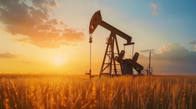 A silhouette of an oil rig pumping against a backdrop of a vibrant sunset, casting long shadows on a field of golden wheat