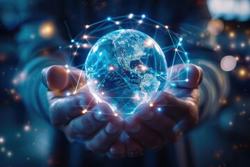 Hands holding a globe with network connections, symbolizing global communication, technology, and interconnected digital world.