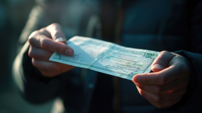 Close up of someone holding out a 100 dinar bill