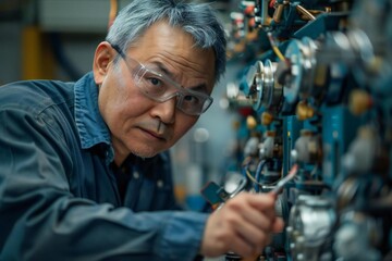 Close-up photo of mature Asian male technician using specialized tools during installation and repair in workshop.