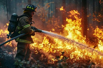 Full body photo of young Caucasian male firefighter battling flames using fire hose in forest fire.