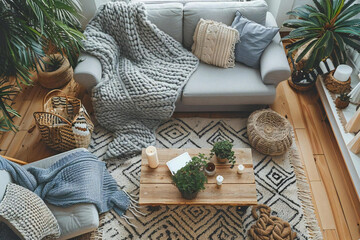Aerial shot of a cozy and inviting living room with various home decor items available for purchase online.
