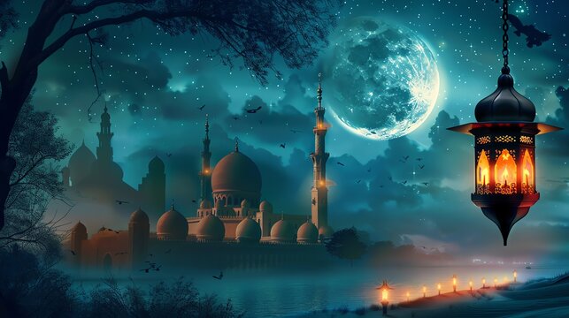 Ramadan kareem with scene mosque and crescent
mosque in the night
