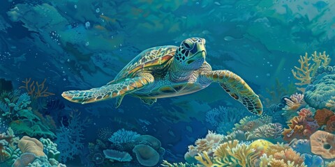 Obraz premium A green sea turtle swims over a coral reef. The turtle is graceful and elegant, and the coral reef is vibrant and colorful.