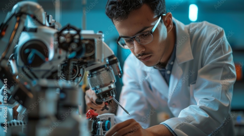 Leinwandbilder An image of a Hispanic engineer in a lab coat, intently focused on working with a robotic arm. He is using a small tool to adjust the arm, demonstrating the intricate work involved in robotics