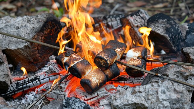Close up of marshmallows roasting over wood fire, creating a cozy and delightful outdoor experience