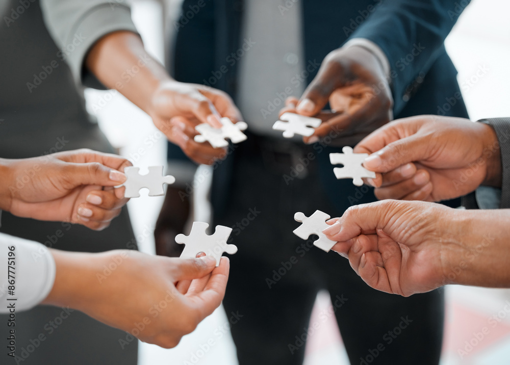 Aufkleber hands, business people and team with puzzle piece for solidarity, synergy and connection together. j