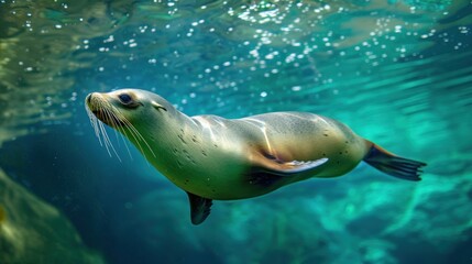 Obraz premium Close-up view of a sea lion gracefully swimming underwater, Ai generated image