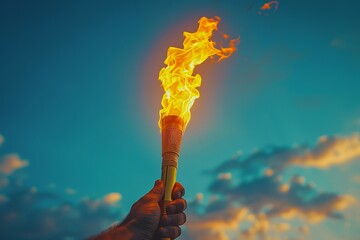 Hand Holding Torch with Olympic Flame, against a dramatic sunset sky - symbol of the Olympic Games