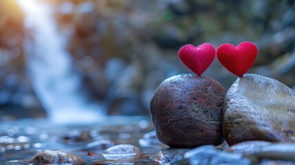 Fototapeta premium Hearts in red and pink on stone with blurred waterfall backdrop Retro love photo with space for text Love theme with selective focus