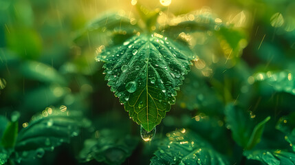 A leaf with water droplets on it. The droplets are small and scattered, giving the impression of a light rain. The leaf is green and he is fresh and healthy