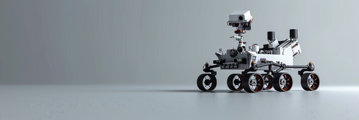 minimalistic 3D Mars rover on a clean gray background, representing planetary exploration