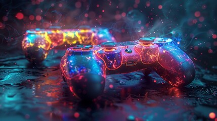 Colorful Gaming Controllers with Neon Lights - Generative AI
