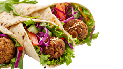  Classic falafel wrap with fresh vegetables and tahini sauce, isolated on a transparent background 