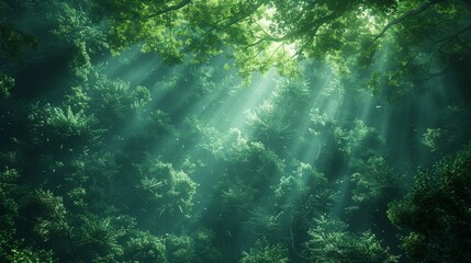 Obraz premium Sunlight Filtering Through Lush Green Forest Canopy - Generative AI