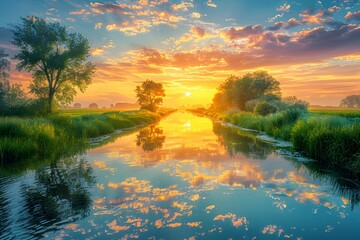 Beautiful sunrise sky along a rural canal can be used as an illustration in postcards, calendars, tourism campaigns, book covers, backgrounds for websites or used in home interiors to set the mood.