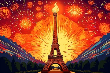 Torch with Abstract Olympic Flame on Eiffel Tower, Paris, France - symbol of the Olympic Games