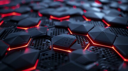 Obraz premium 3d geometric abstract background of hexagons with red neon lights