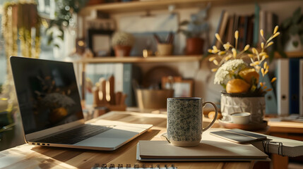 Naklejka premium Cozy Home Office Desk with Laptop, Mug, and Notebook