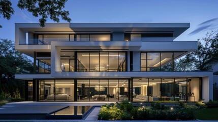 Fototapeta premium Illustration of a modern and luxurious house with wooden cladding and black panel walls, front yard landscape background. Ai generated image