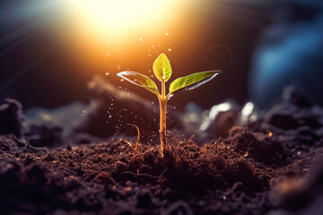 A small green plant is growing in the dirt. The sun is shining on it, making it look like it's just sprouted