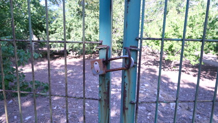 Close-up of padlock on garden gate.