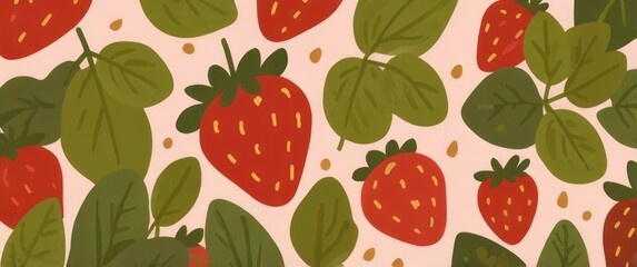 flat strawberries with leaves background