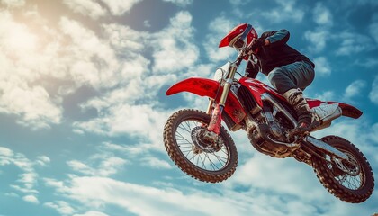 This dynamic image captures a motocross rider mid-jump on a red dirt bike against the backdrop of a blue sky, showcasing thrilling outdoor action and skill.