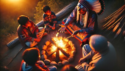 An elder Native American storyteller wearing traditional attire, sharing stories around a campfire with children