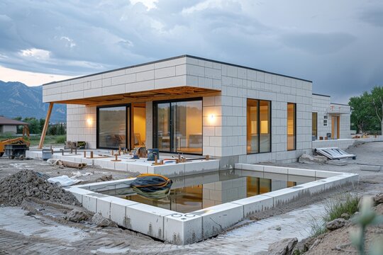 Insulated concrete forms (ICFs) with minimal design, showcasing their robust and efficient structure in a contemporary build. The photo captures the strength and thermal benefits of ICFs.