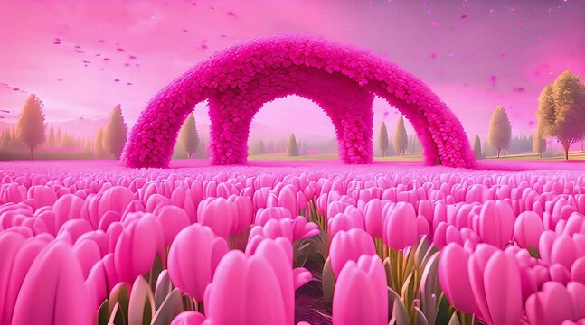 Fantasy pink arch in the middle of a vast field of pink tulips