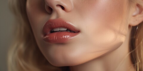 Fototapeta premium Close up lips of pretty sexy blond hair woman attractive girl. Spa skin cosmetic promotion scene