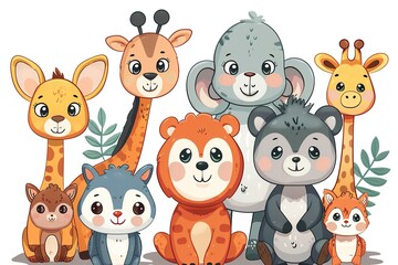 funny wild cartoon animals on white background.