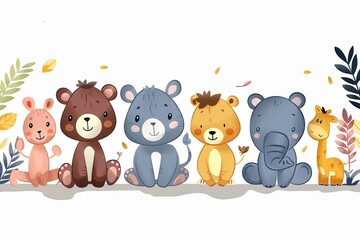 funny animals drawn as stuffed animals, white background